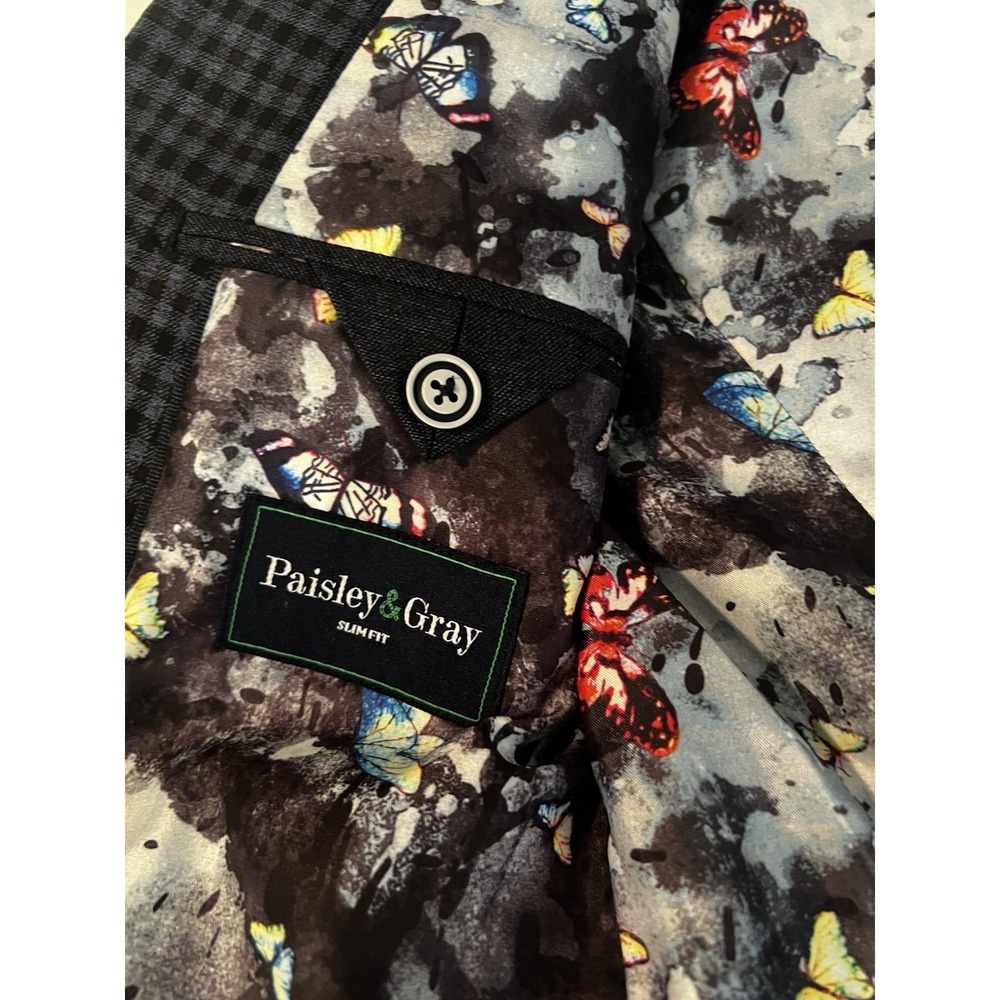 Paisley & Gray Slim Fit Blazer 36R Gray Check Butterfly Lining Sport Coat - Picture 4 of 11
